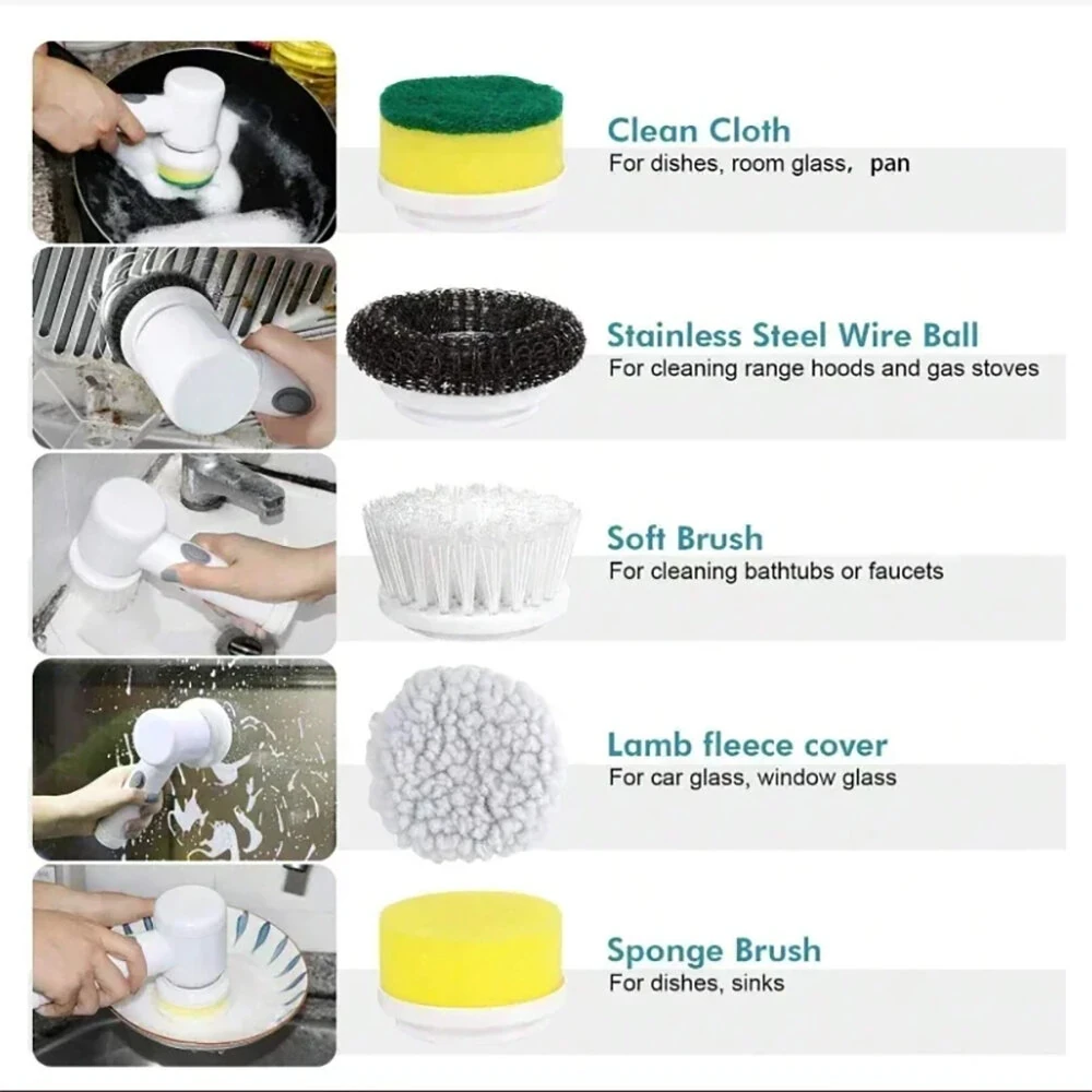 (image for) Electric Cleaning Brush Kitchen Bathroom Multifunctional Cleaner Electric Scrubber Bathroom Cleaning Brush USB Rechargeable with 5 Replaceable Brush Heads