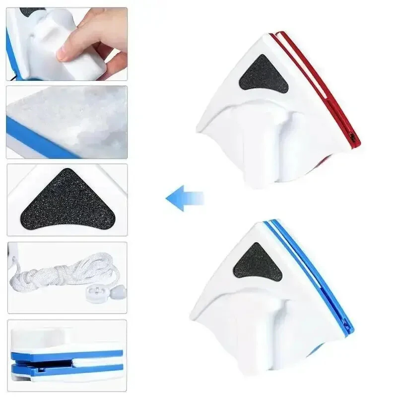 (image for) Magnetic Window Cleaner Brush Double-Sided Glass Cleaning Tool Strong Magnet Safety Rope Red Blue ABS PP 3-8mm Glass Thickness High-Rise Home Windows Car Mirrors